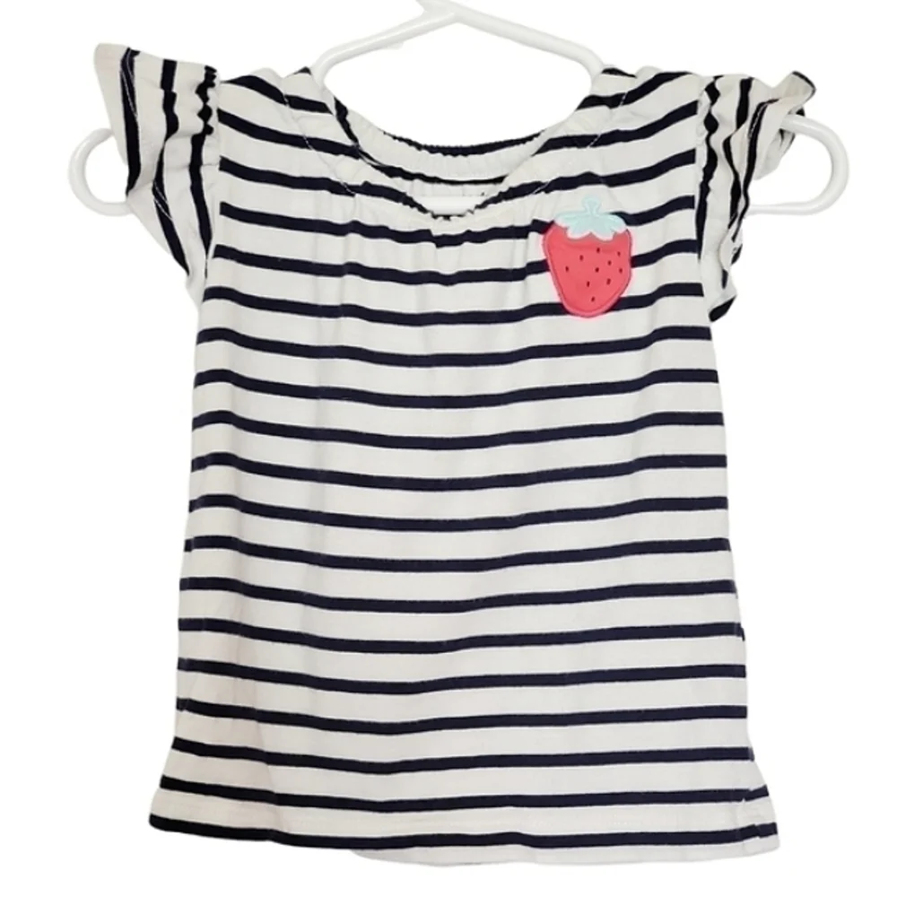 K1153 * Carter's Strawberry Appliqué Striped Top White Navy Size 12M